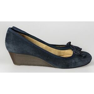 Tory Burch Chelsea Suede Navy Blue Wedges Bow Logo Size 8.5 M